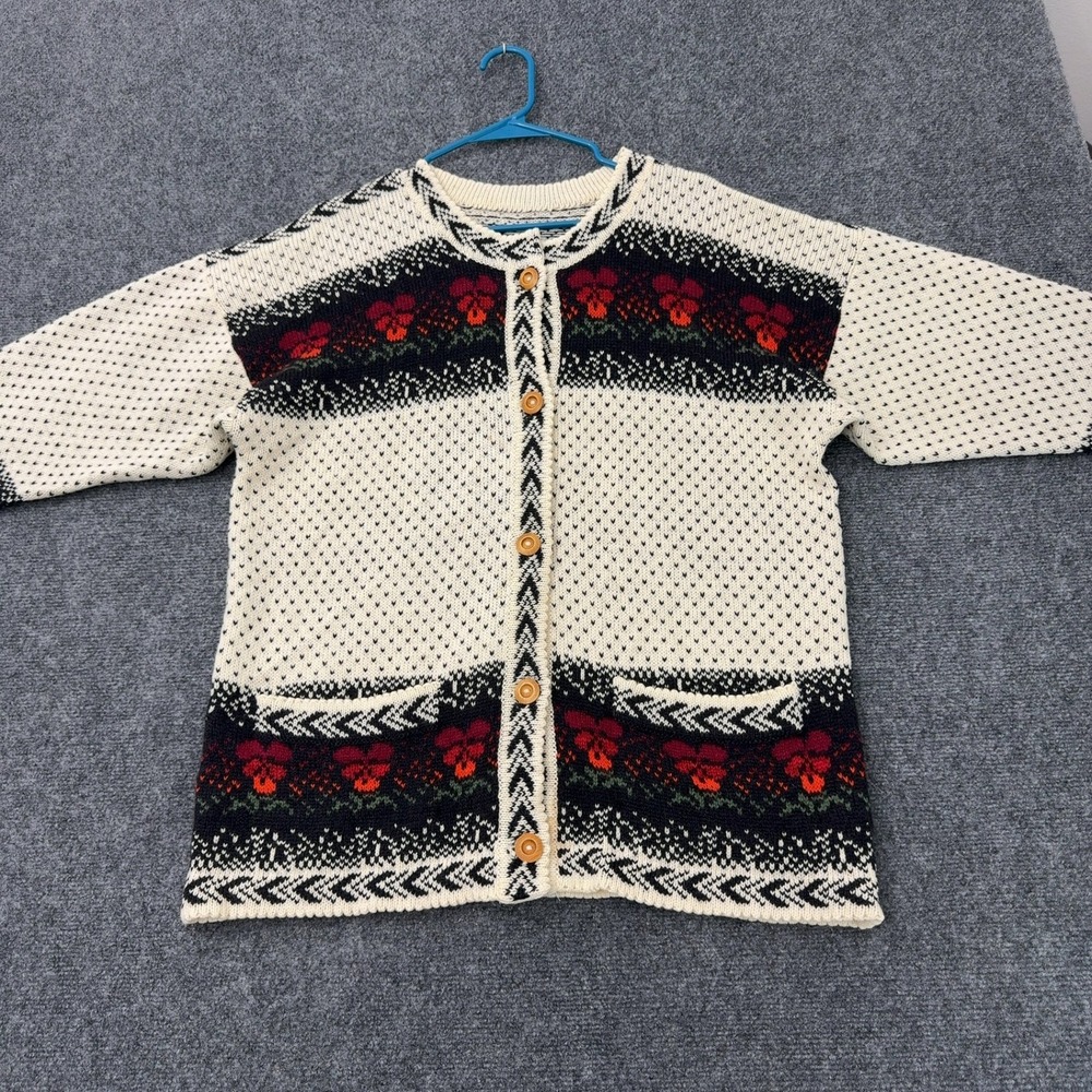 Vintage Unbranded Cardigan Womens L White Knit Floral Nordic Cottagecore Style